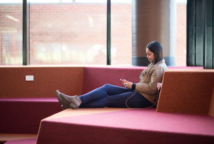 A person reading an eBook on a mobile device in the library