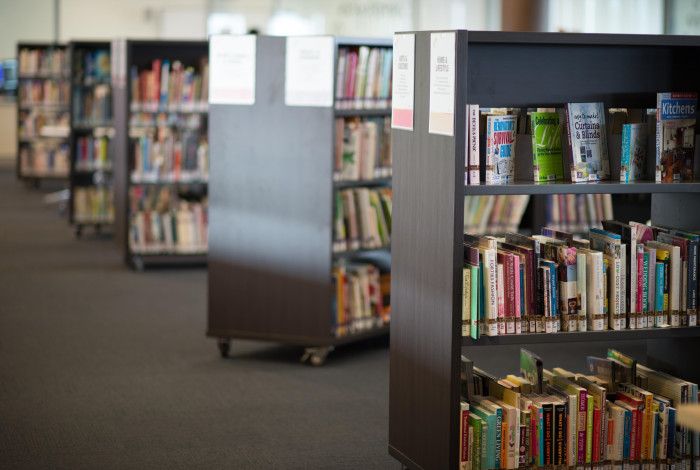 Books on shelves in a library