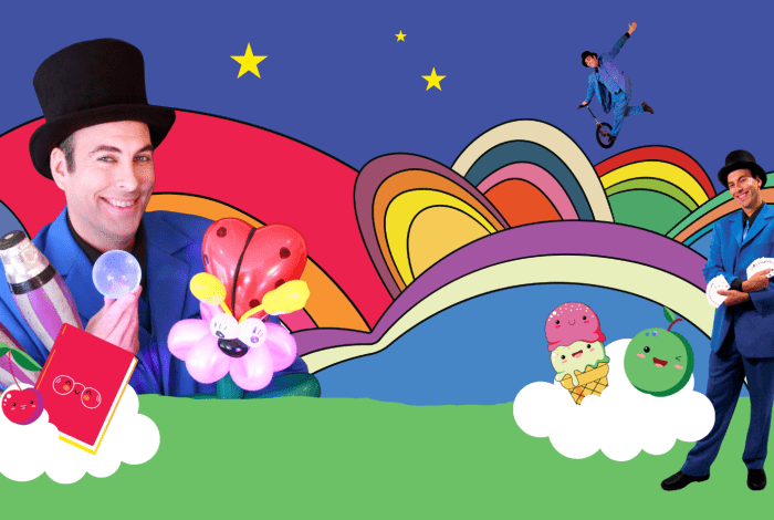 Three photo images of a magician wearing a top hat set against a colourful landscape drawing.