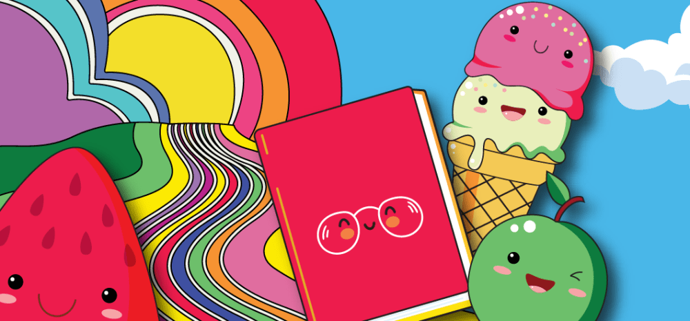 Cartoon images of a watermelon, book, ice cream and apple as characters.