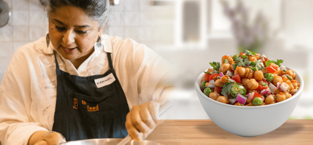 Presenter chef preparing chana chaat with a prepared bowl.