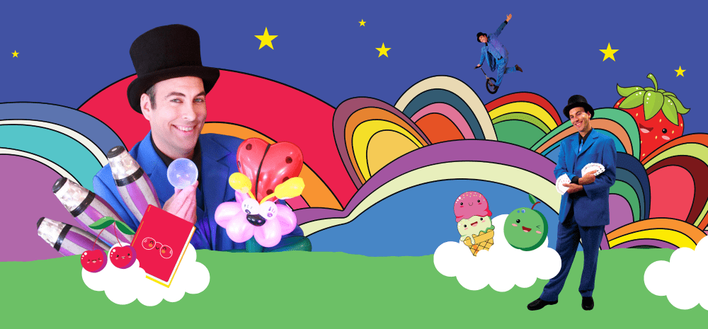 Three photo images of a magician wearing a top hat set against a colourful landscape drawing.