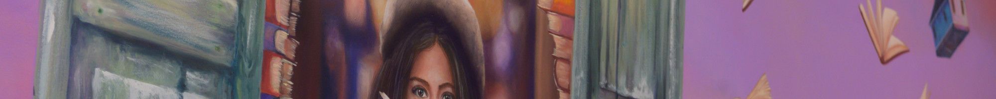 Image: Mural painting of a child sitting by window reading a book.