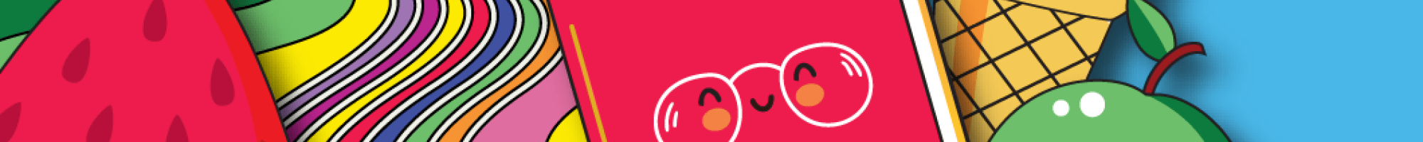 Cartoon images of a watermelon, book, ice cream and apple as characters