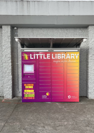 Brightly coloured library lcckers against a grey wall