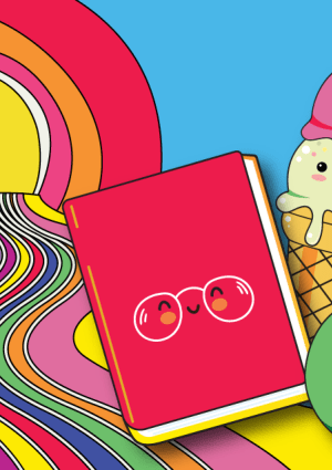 Cartoon images of a watermelon, book, ice cream and apple as characters.